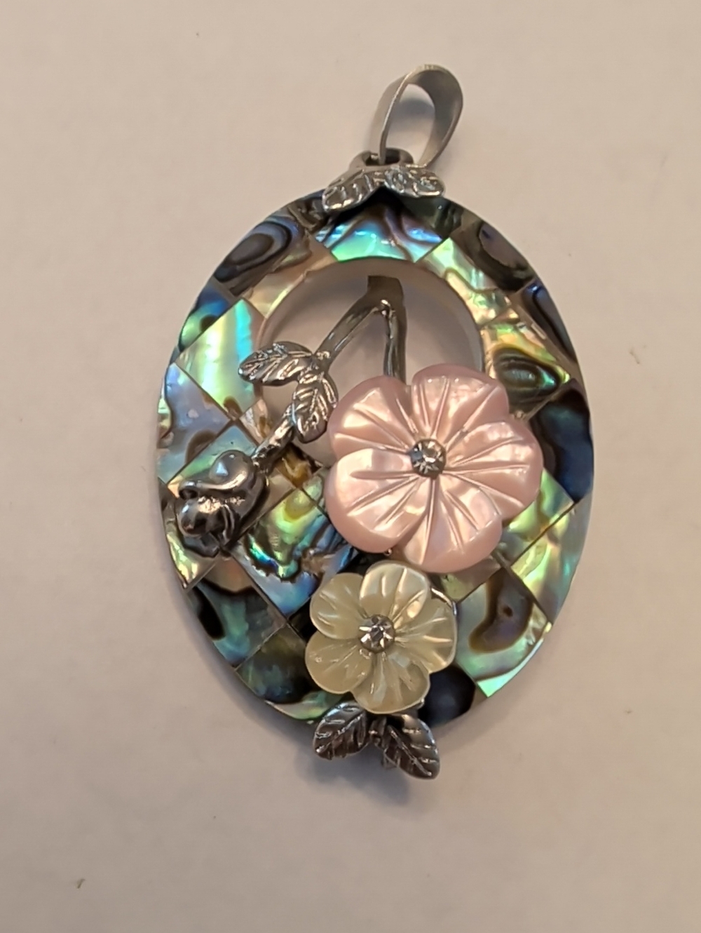 Abalone Oval Pendant with Pink and Cream Flower Accents